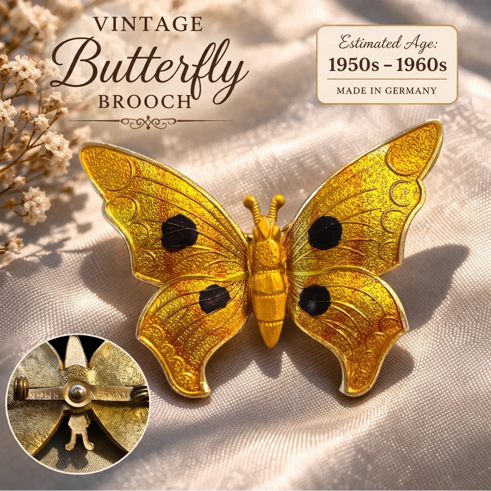 Vintage German Butterfly Brooch Gold Tone Enamel Figural Made in Germany